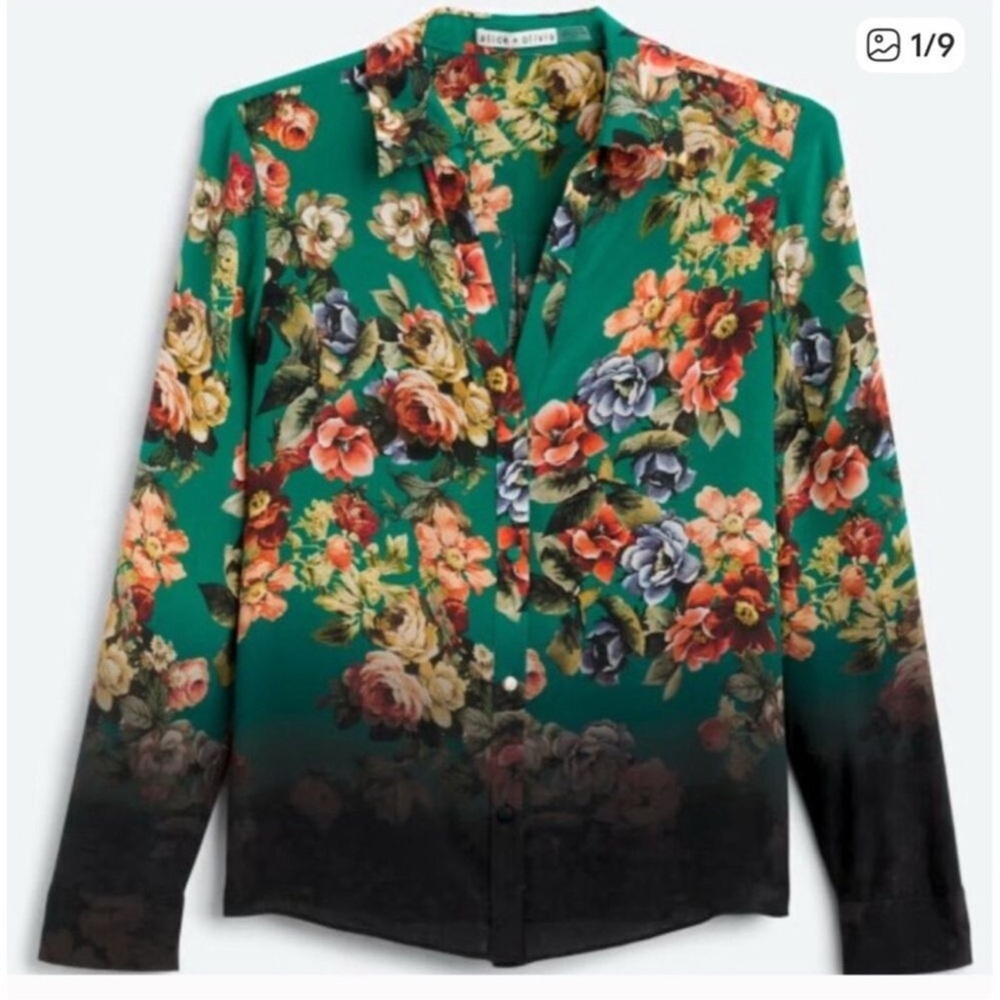 Alice + Olivia Silk Green Floral Ombre Button-Down Blouse
